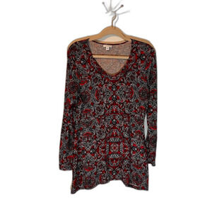 J. Jill Top SZ S Red, White & Black Print V-Neck Long Sleeve Bohochic Tunic
